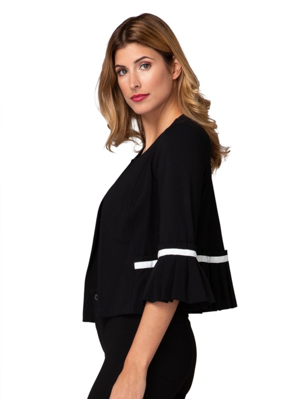 Joseph Ribkoff Jacket Women 6 Pleated Crop Open Jersey Preppy Party Office Black